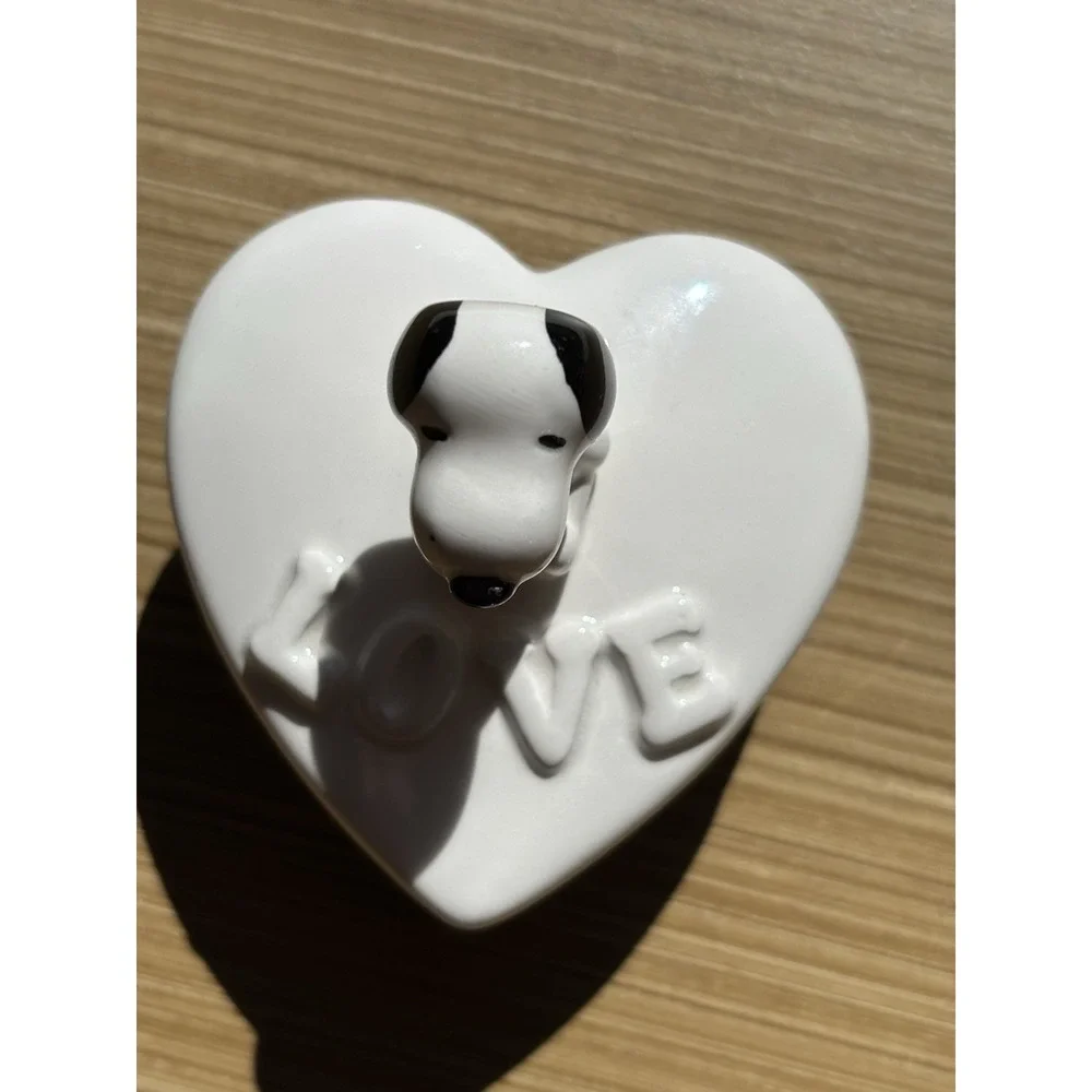 Vintage Peanuts Snoopy Love Trinket Box Ring Dish Heart Shaped w/Lid 1960s Japan